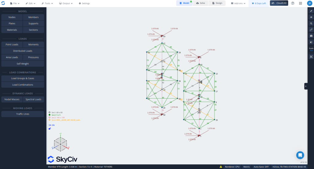 A structural analysis diagram showing connected nodes and members with forces indicated in newtons, created using SkyCiv software.