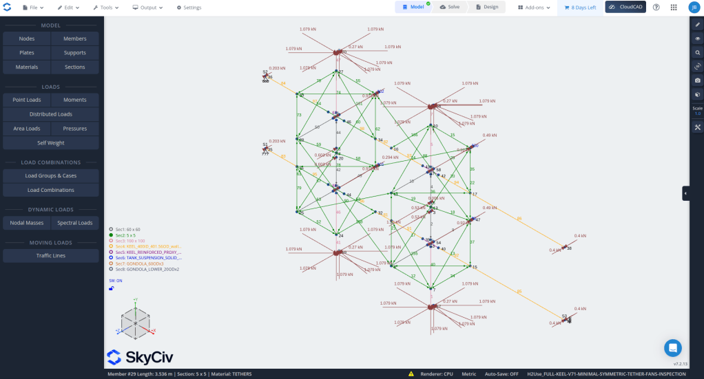A screenshot of a structural engineering software interface, showing a network of beams and nodes with various load indicators and values. The left panel displays options for modeling, loads, and settings, while the central diagram illustrates load distribution across the structure using color-coded lines.