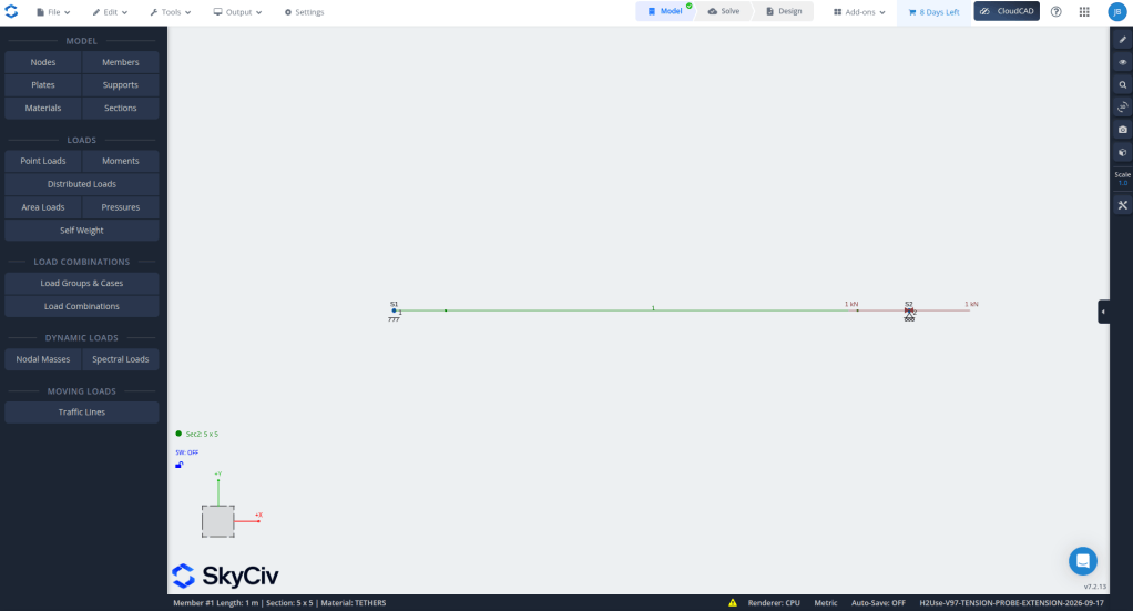 Screenshot of the SkyCiv software interface displaying a structural model with a member length of 1 meter and section dimensions of 5x5. The interface shows options for loads, model settings, and other features on the side.