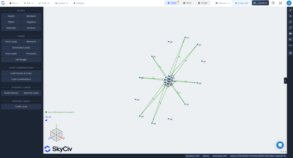 A structural analysis visualization showing nodes and connections in a radial pattern, with labeled points and load distribution elements in a light gray background interface.