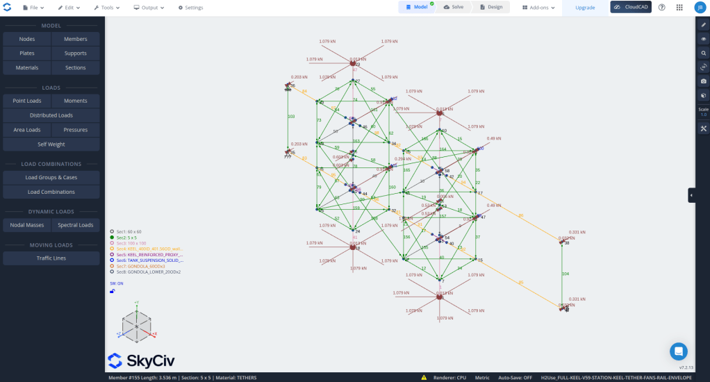 A structural engineering simulation interface displaying a network of nodes, members, and loads with various force values indicated. The left sidebar includes options for model settings, loads, and combinations, while the bottom shows the software logo, SkyCiv. The network features connections marked in green, red, and yellow, and force vectors are quantified next to nodes.