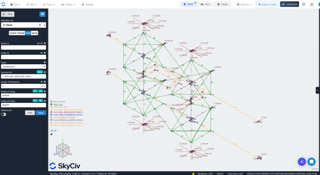 A structural analysis software interface showing a network of nodes and connections with force values displayed in various colors, illustrating load distribution in a graphical format.
